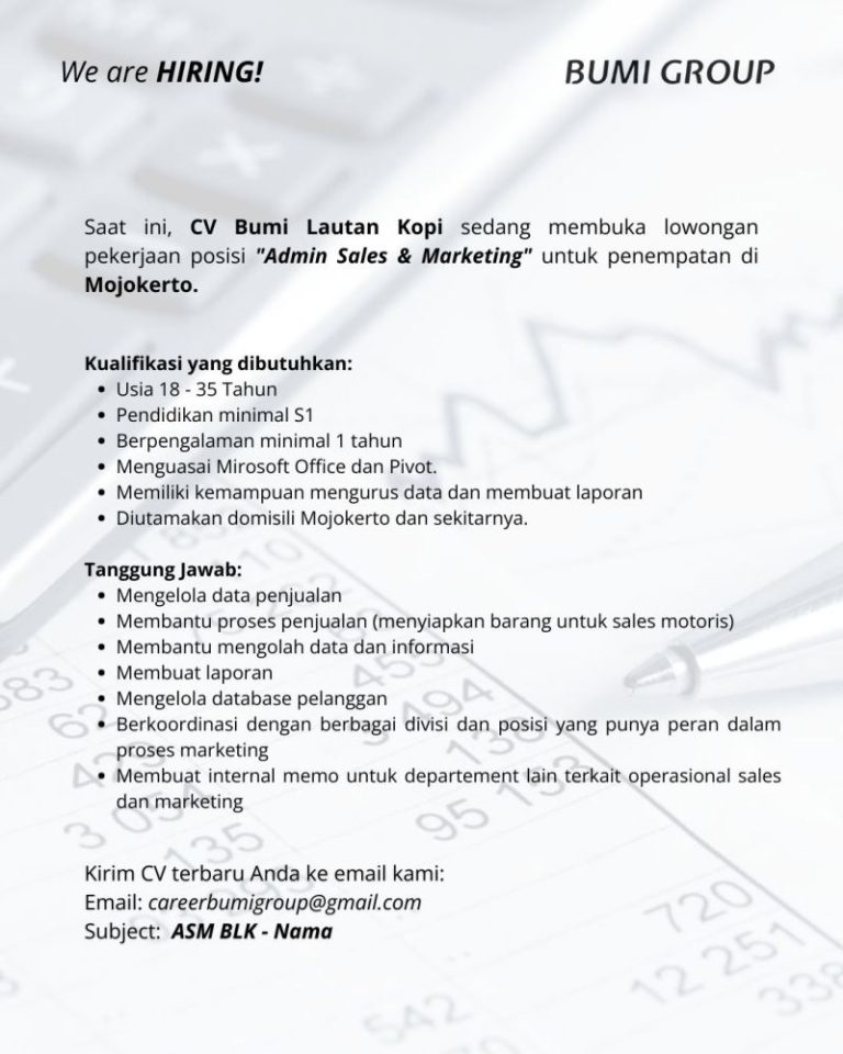 Lowongan Kerja Admin Sales & Marketing CV Bumi Lautan Kopi Mojokerto 