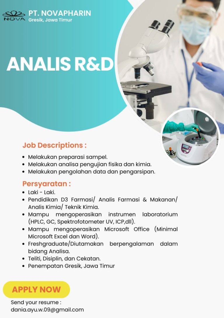 Lowongan Kerja Analis R&D PT Novapharin Pharmaceutical Industries Gresik 