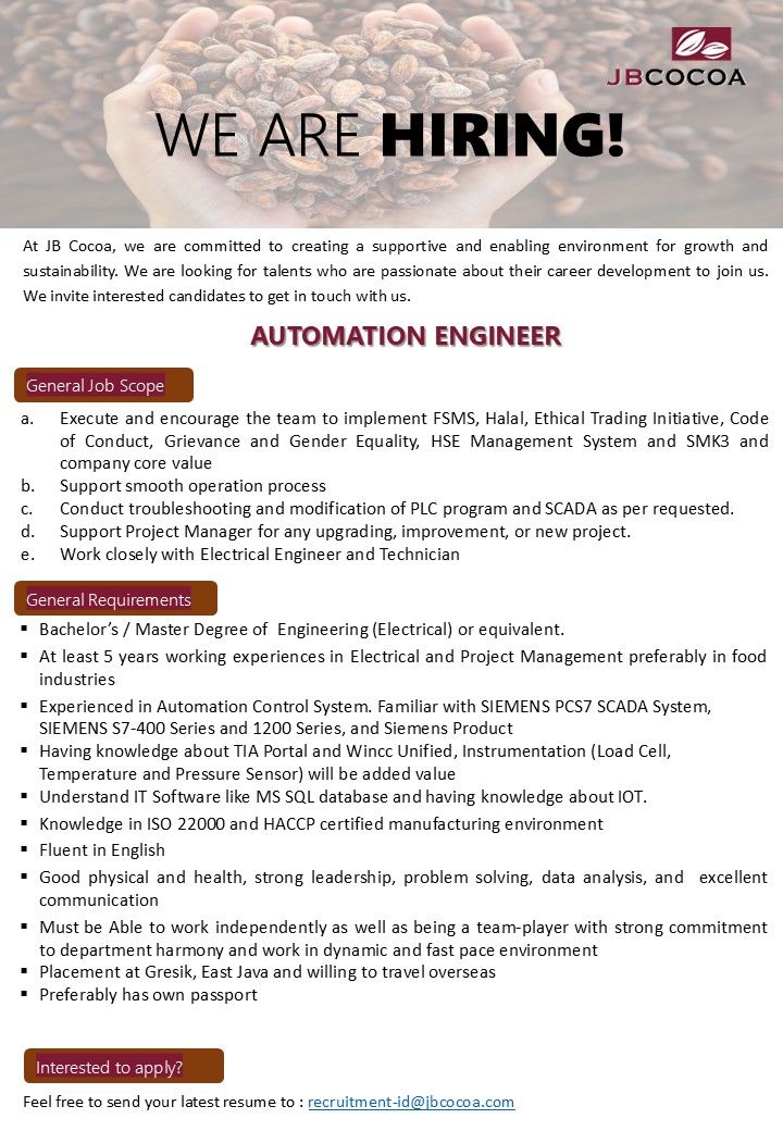 Lowongan Kerja Automation Engineer JB Cocoa Gresik 
