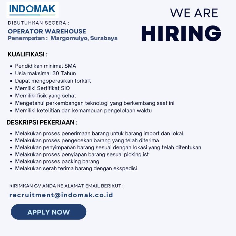 Lowongan Kerja Operator Warehouse PT Indomak Kitacipta Karya Surabaya 