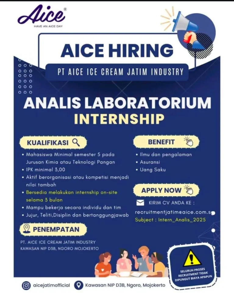 Lowongan Kerja Magang Analis Laboratorium PT AICE Ice Cream Jatim Industry Mojokerto