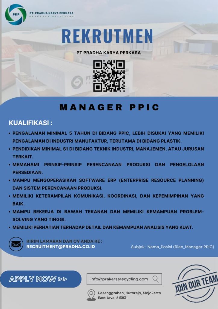 Lowongan Kerja Manager PPIC PT Pradha Karya Perkasa Mojokerto