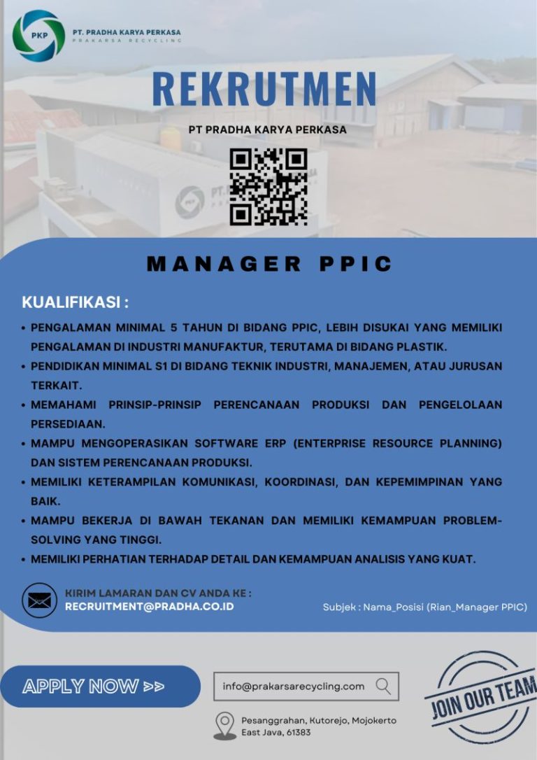 Lowongan Kerja Manager PPIC PT Pradha Karya Perkasa Mojokerto