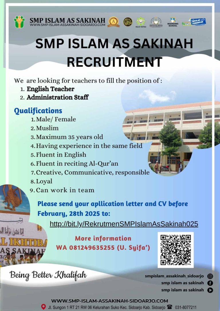 Lowongan Kerja English Teacher dan Administration Staff SMP Islam As Sakinah Sidoarjo