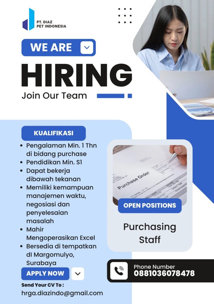 Lowongan Kerja Internal Audit dan Purchasing Staff PT Diaz Pet Indonesia Surabaya