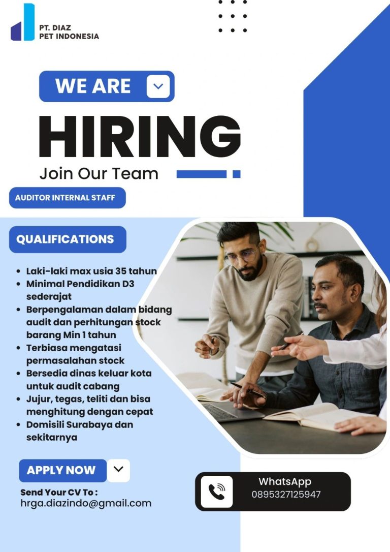Lowongan Kerja Internal Audit dan Purchasing Staff PT Diaz Pet Indonesia Surabaya