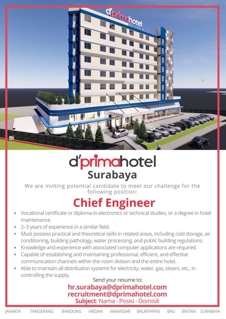 Lowongan Kerja Engineer Attendant & Chief Engineer d'Primahotel Jemursari Surabaya