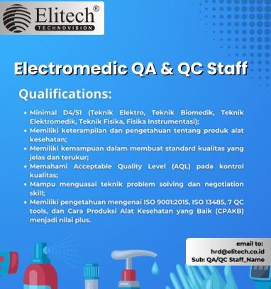 Lowongan Kerja Electromedic Laboratory dan Electromedic QA & QC Elitech Technovision Surabaya