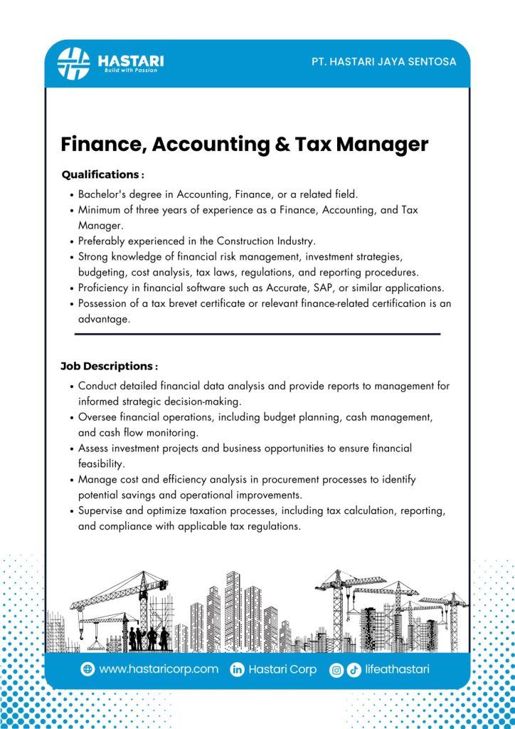 Lowongan Kerja Finance, Accounting & Tax Manager PT Hastari Jaya Sentosa Kediri