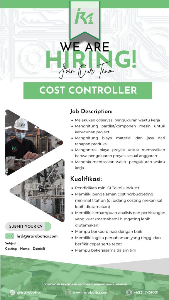 Lowongan Kerja Project Engineer dan Cost Controller PT Industrial Robot Automation Surabaya