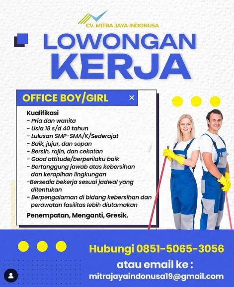 Lowongan Kerja Office Boy CV Mitra Jaya Indonusa Gresik