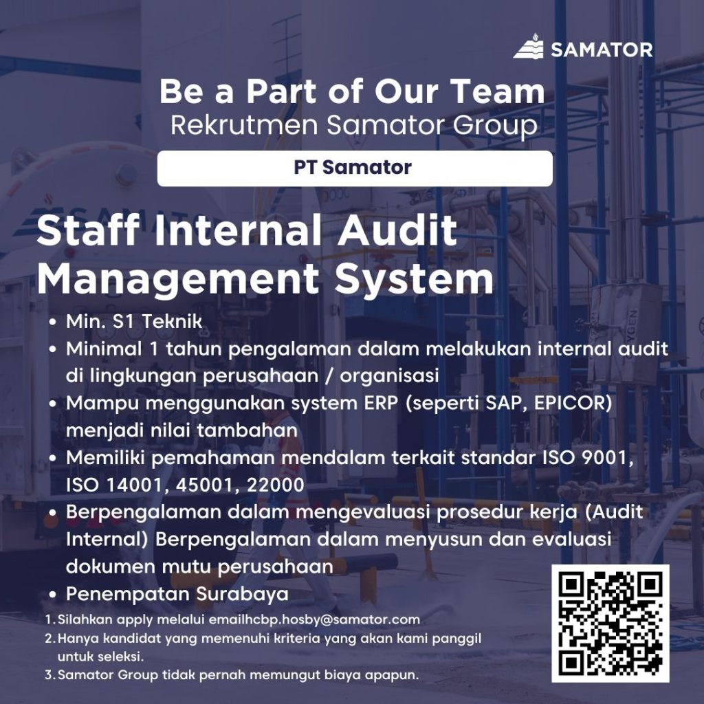 Lowongan Kerja Staff Maintenance dan Internal Audit PT Samator Indo Gas Tbk Surabaya