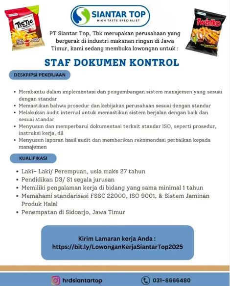 Lowongan Kerja Staff Dokumen Kontrol PT Siantar Top Tbk Sidoarjo