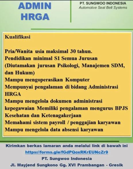 Lowongan Kerja Admin HRGA PT Sungwoo Indonesia Gresik